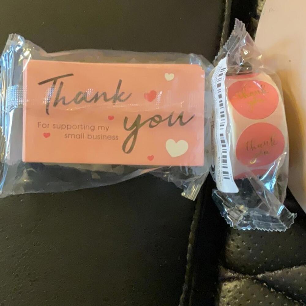 Thank you pink business cards and 1” stickers